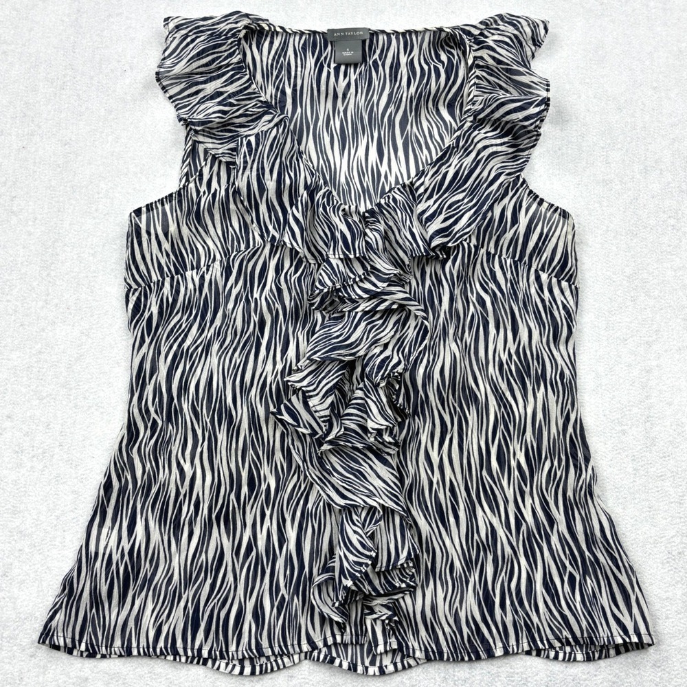 Ann Taylor Womens Small Navy Blue White Zebra 100 Silk Cascading Ruffle Blouse S